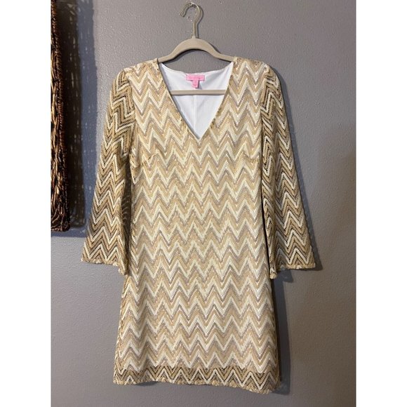 Lilly Pulitzer Dress S Small Gold Stretch 3/4 Sleeve Shift Party Cruise Holiday - Picture 7 of 13